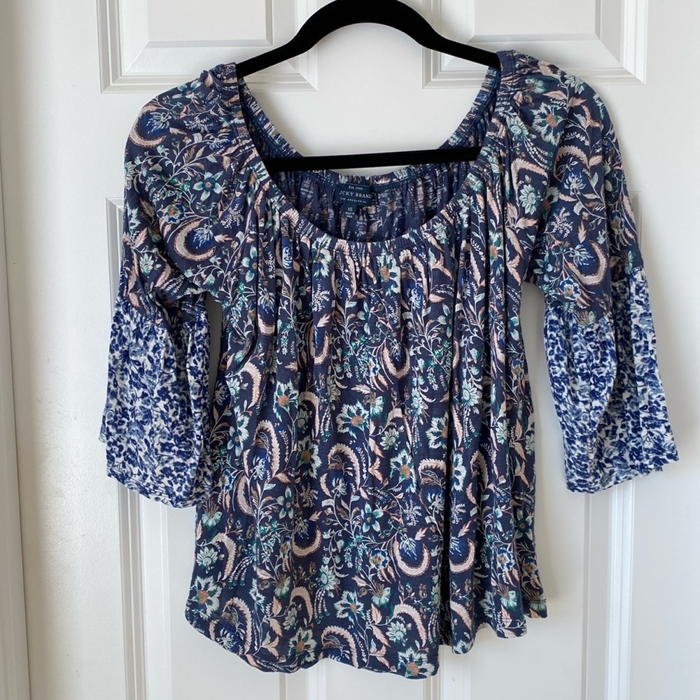 Lucky Brand Off the Shoulder Bell Sleeve Boho Top Shirt - Size XS -Blue
